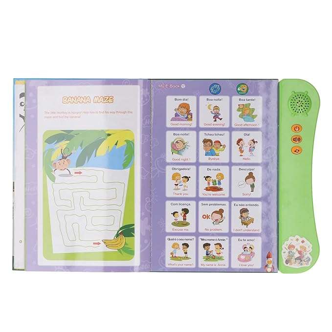 Interactive Sound Book for Portuguese English Bilingual Children, with Alphabet Numbers Animals Fruits Vegetables for Beginners (Green)