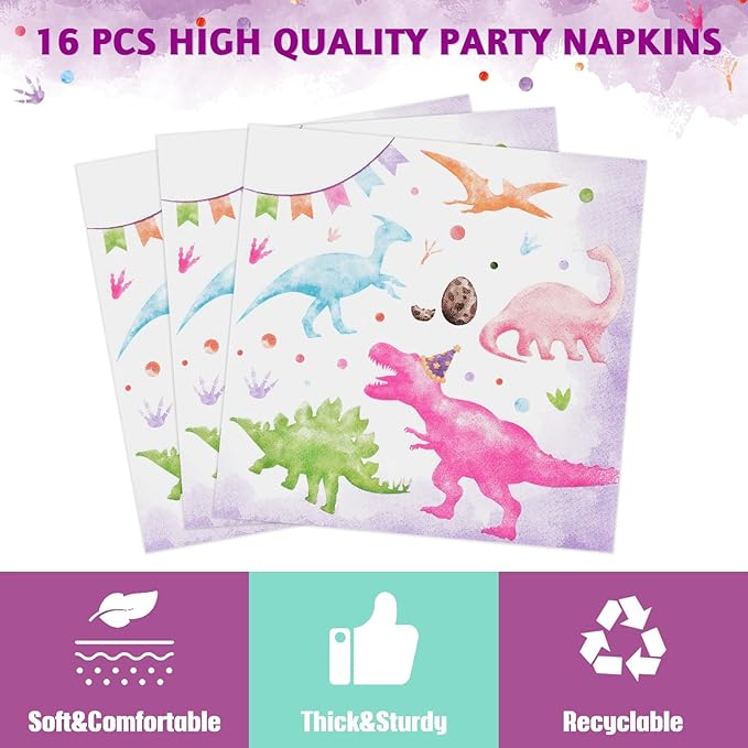 WERNNSAI Dinosaur 3rd Party Decorations - 64PCS Dinosaur Plates Napkins and Forks Set Three Rex Birthday Decorations for Kids Girls 3 year old Birthday Decorations Serves 16 Guests