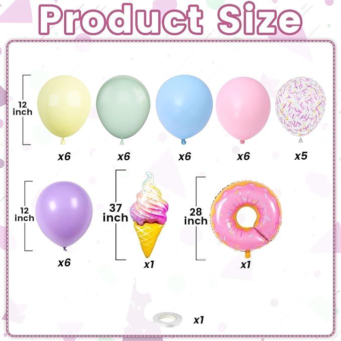 Pastel Balloons, 12 Inch Macaron Pink Purple Yellow Green Blue Confetti Balloons with Donut and Ice Cream Foil Balloon for Gilrs Easter Sweet Birthday Party Rainbow Baby Shower Decorations