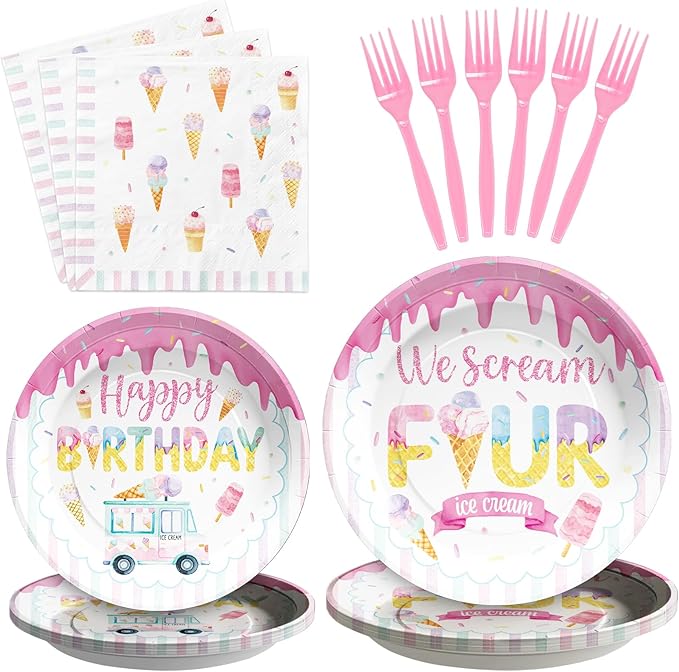 Grencian 96 Pcs Ice Cream Birthday Party Decorations 4th Birthday Plates for Girls Ice Cream 4th Party Supplies Disposable Pink We Scream Four Paper Plate for Four Year Old Sweet Four Kids Girls