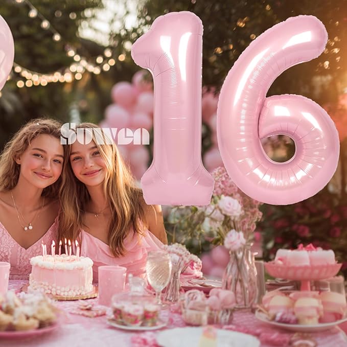 SUWEN 40 Inch Pink Large 16 Number Balloons Big Foil Helium Number Balloons 0-9 Jumbo Happy 16th Mylar Birthday Party Decorations for Girl or Women 61 Anniversary Party Supplies