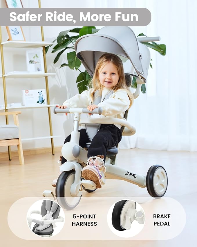JMMD Baby Tricycle, 7-in-1 Multifunctional Kids Trike with Adjustable Parent Handle, Safety Harness & Wheel Brakes, Removable Canopy, Stroll Trike for Boys & Girls Ages 18 Months-5 Years, Gray