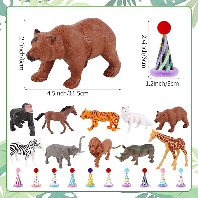 Hooqict 20 Pcs Jungle Animal Birthday Party Decorations Safari Animals Figures with Mini Birthday Hats Animal Cake Toppers for Kids Safari Cake Decorations Wild Zoo Themed Party Decorations