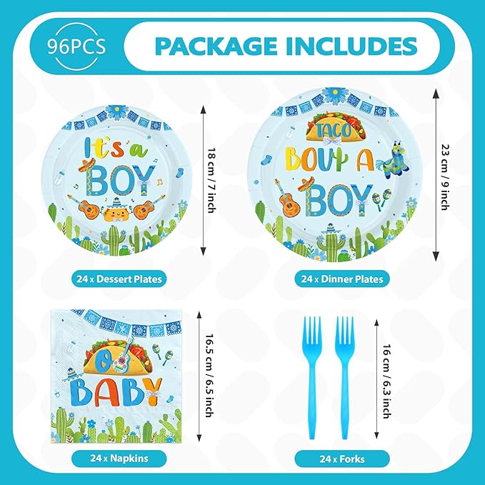 96Pcs Mexican Baby Shower Decorations Taco Bout A Boy Plates and Napkins Mexico Fiesta 1st Birthday Decoration Favor for Boys Mexican Taco Cinco de Mayo Gender Reveal Party Supplies Serves 24