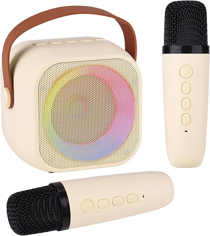 Karaoke Machine for Kids Adults, Mini Portable Bluetooth Karaoke Speaker with 2 Wireless Microphone and Lights,Toys for All Smartphones,Birthday, Family,Home Party Beige