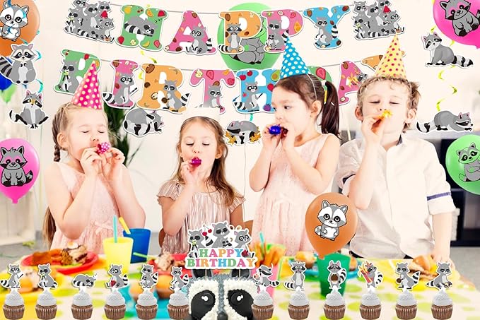 Raccoon Party Decorations Birthday Party Supplies Includes Banner Spirals Cake Topper Cupcake Toppers Balloons For Woodland Raccoon Party Baby Shower Decorations