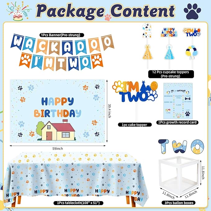 Blue Dog 2nd Birthday Party Supplies Blue & Orange Themed Second Birthday Decorations Backdrop Balloons Arch Box High Chair Banner Bday Party Idea for Baby Boys|Girls