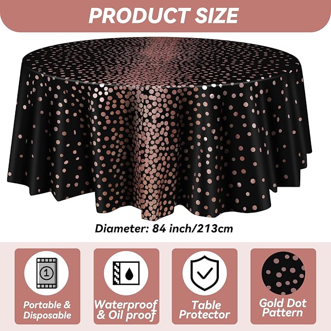 VitalCozy Round Dot Tablecloth 84 Inch Plastic Table Cover Polka Dot Confetti Tablecloths for Easter 2026 Graduation Prom Wedding Birthday Spring Party Supplies(Black and Rose Gold,3 Pcs)