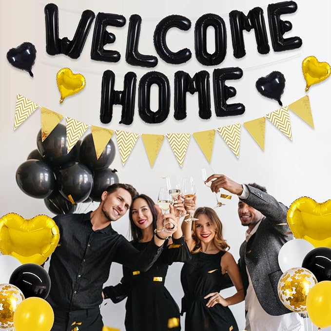 TONIFUL Welcome Home Decorations,16 Inch Black Welcome Home Foil Balloon Banner Black Gold Confetti Balloons Pennant Flag Bunting for Homecoming Party House Warming Party Family Gathering Supplies