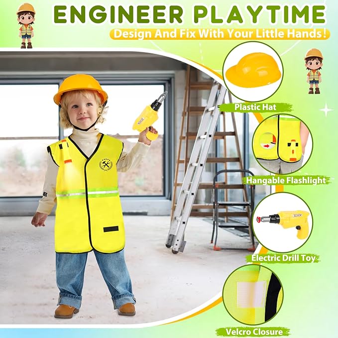 Toddler Dress Up Clothes, Kids Role Play Costumes 4 In 1 Set-Police Doctor Fireman Engineer for Kids Boys and Girls 3-8, Career Dress Up Pretend Play Toys, Birthday Halloween Christmas Gifts