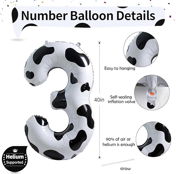 Large Number Balloons 40 Inch, Cow Print Self Inflating 3 Balloons for Boys Girls Cowboy Cowgirl Theme Party Decor Baby Shower 3rd Birthday Party Decoration Farm Animal Theme Party Supplies