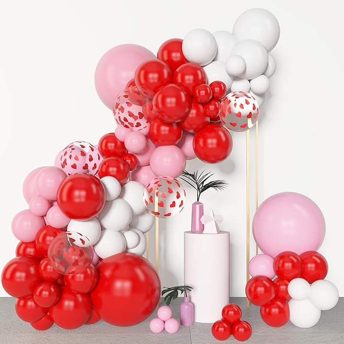 Amandir 153pcs Red Pink Balloon Arch Garland Kit, Different Sizes 18 12 10 5inch Red Pink White Latex Heart Confetti Valentines Balloons for Birthday Proposal Wedding Galentines Day Party Decorations