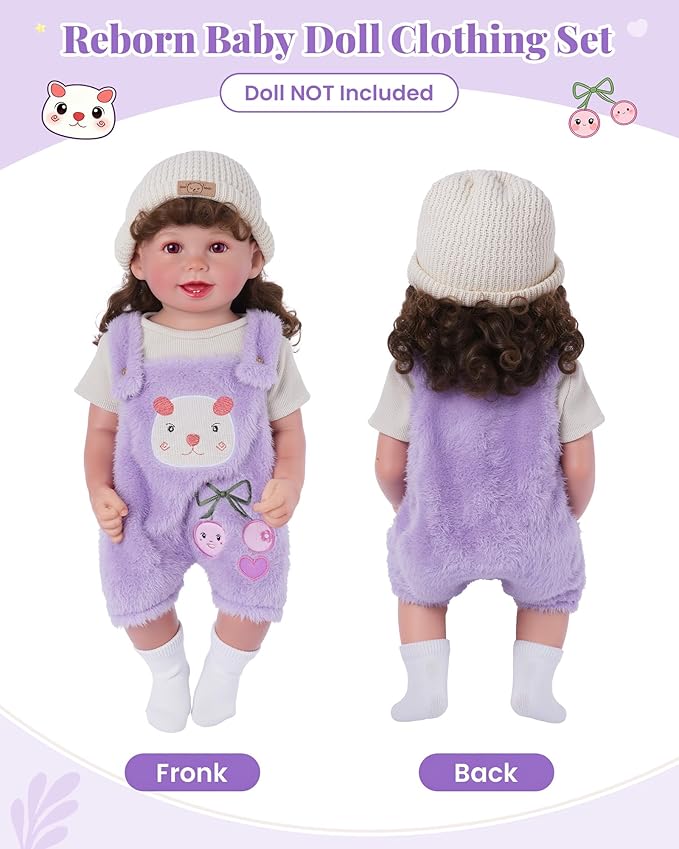 BABESIDE 4-Piece Reborn Baby Doll Clothes for 17-20 Inch Dolls, Doll Outfit Accessories with Bear Pattern fit Baby Dolls Girl, Pretend Play Accessories for Kids Boys & Girls,Purple