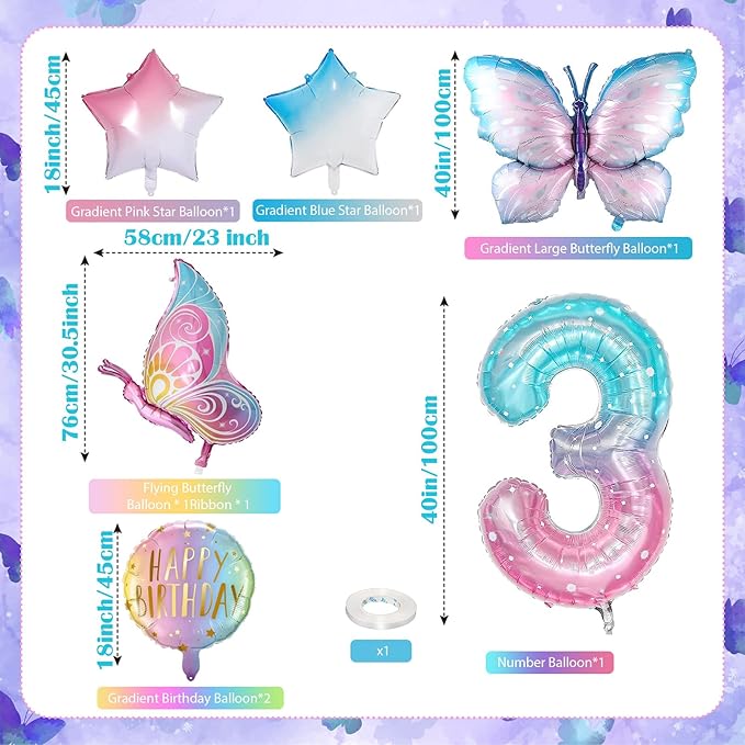 Butterfly 3rd Birthday Decorations for Girls, Gradient Pink Colorful Foil Balloon, Giant Number 3 Mylar Balloon, 3 Years Old Theme Party Supplies Decor