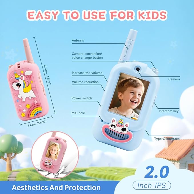 Video Walkie Talkies for Kids,2 Pack Rechargeable Walkie Talkies with Cute Silicone Cases,Long Range with Screen,Toys for Indoor Play,Camping, Hiking,Christmas Birthday Gifts for Boys Girls Ages 3-12