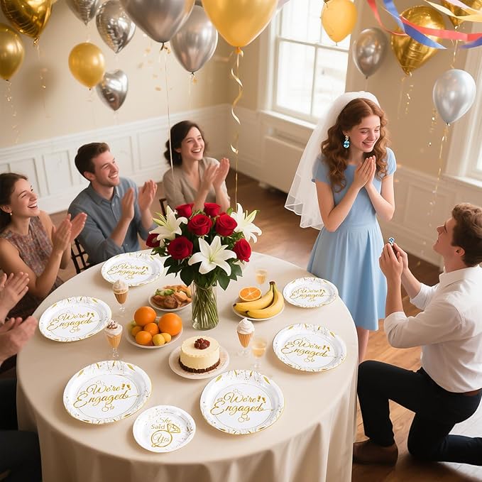 Grencian 96Pcs Happy Engagement Party Supplies White Gold Diamond Ring Plates Napkins She Said Yes Party Disposable Dinnerware for Wedding Bridal Shower Just Engaged Decoration Serve 24