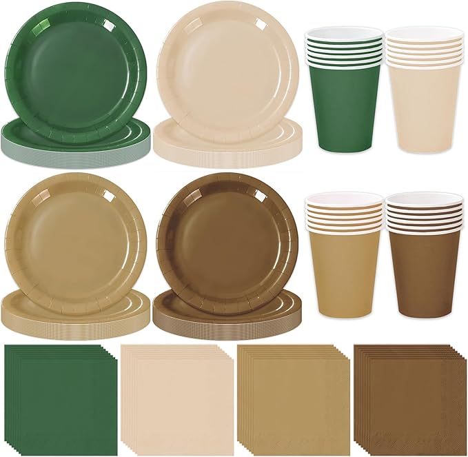 Whaline 244Pcs Woodland Tableware Set Serves 48 Sage Green Brown Disposable Dinnerware 48 9" Plates 48 7" Plate 48 9oz Cups 100 Napkins for Baby Shower Forest Party Supplies