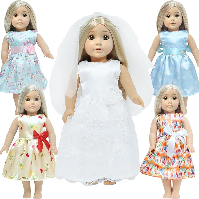 5 Sets 18 Inch Girl Doll Wedding Gown, Fashion Clothes and Accessories, 1 Bride Gown with Veil, 4 Satin Doll Dresses, Gift for American Doll Clothing