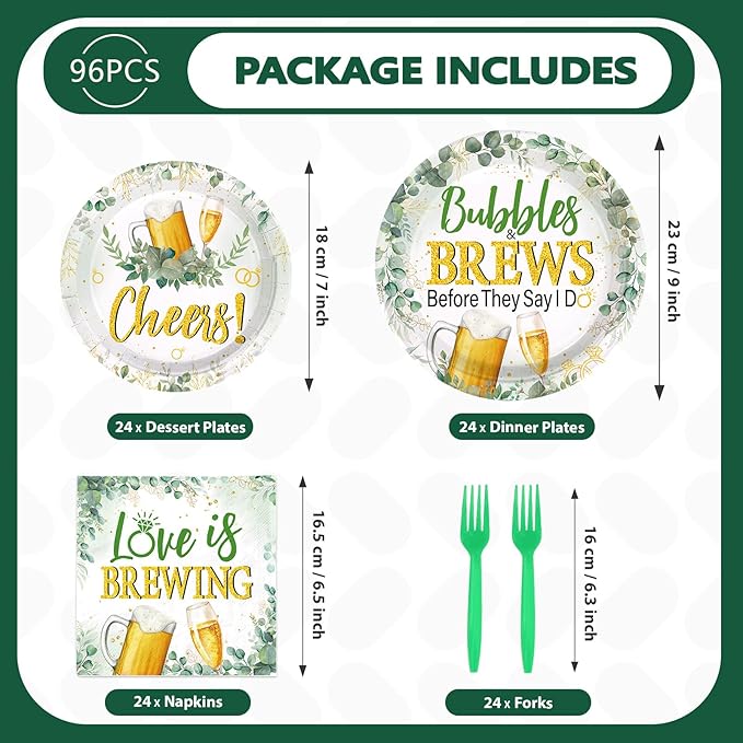 96Pcs Bubbles and Brews Bridal Shower Party Decorations Sage Green Gold Cheers Bubbles and Brews Before I Dos Plates and Napkins Sets for Bachelorette Engagement Wedding Party Supplies Serves 24