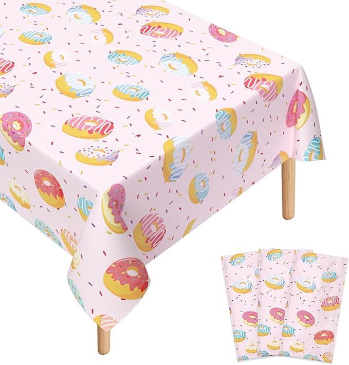 3 Pcs Donut Plastic Tablecloth, 51 x 86 Inch Donut Party Table Cover, Donut Party Decorations, Suitable for Donut Theme Birthday Party Supplies
