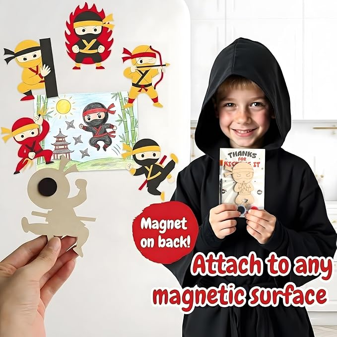 12 Pack Ninja Party Favors for Kids - Individually Wrapped Paint Your Own Wooden Magnet Craft Kits with Thank You Card, Stealthy Birthday Decorations for Boys & Girls