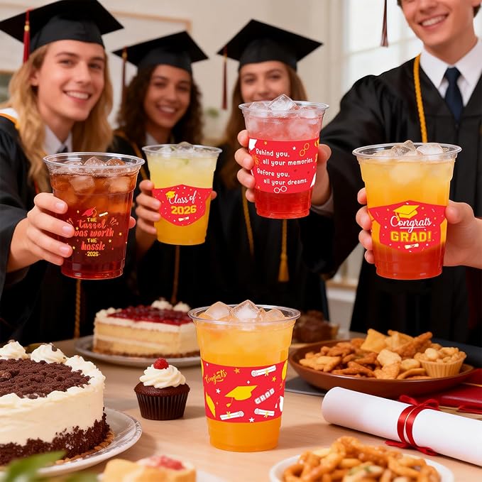 GuassLee Red Gold Graduation Decorations 2026 Party Cups - 50pcs 12 Oz Red and Gold Disposable Graduation Plastic Clear Cups for Drinks Class of 2026 Grad Party Supplies