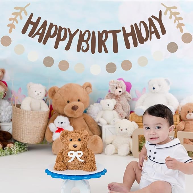 Zwiebeco Coffee Brown Happy Birthday Party Decoration Banner Apricot Leaf Morandi Color Circle Dot Hanging Paper Bunting Sign for Kids Adults Retro Theme Accessories Supplies
