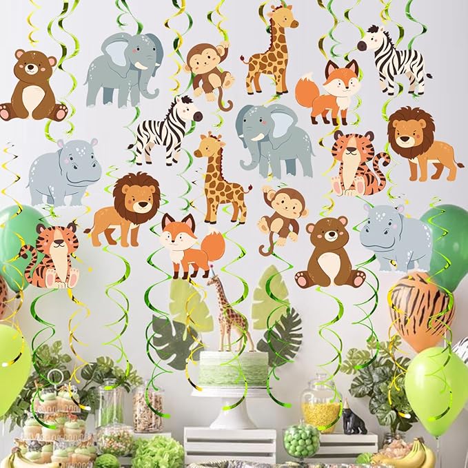 Safari Animal Party Streamers, 48 Pcs Jungle Theme Hanging Swirl Decorations - Hippo, Lion, Zebra & More for Birthday, Holiday, Classroom & Party Decor