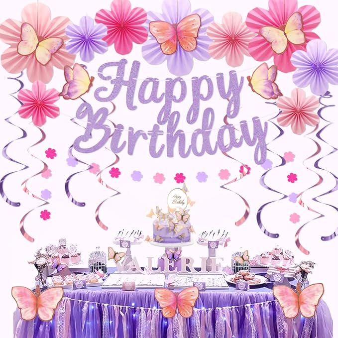 Butterfly Birthday Decorations Party Supplies with Pre-strung Happy Birthday Banner,Flower Garland,Cake Cupcake Toppers,Hanging Swirls, Paper Fan Spring-themed Decor Pack for Women Girls