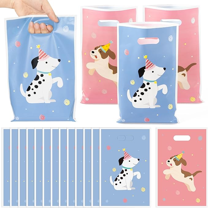 3sscha 50Pcs Pet Dog Birthday Party Favor Bag - Puppy Retro Plastic Waterproof Goodie Bags Cute Animal Vintage Rectangular Party Gift Bulk for Kids Baby Shower Decoration Supplies