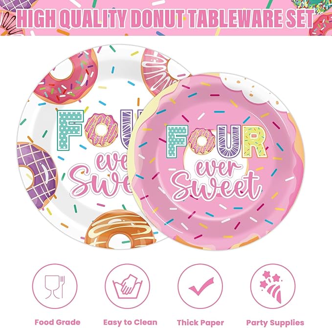 96 Pcs 4th Birthday Donut Party Decoration for 24 Guests Four Sweet Donut Paper Plates Napkins Four Years Old Themed Tableware Set Table Supplies 4th Birthday Pink Party Favor