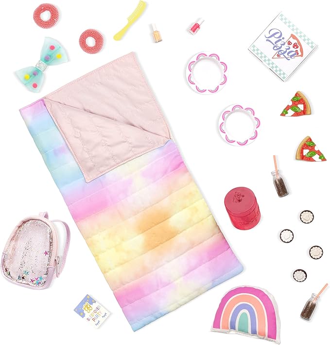 Glitter Girls – 14-Inch Doll Accessories – Sleepover Party & Backpack Set – Tie – Dye Sleeping Bag, Rainbow Pillow & Pizza Play Food – 3+ Years– Children’s Toys