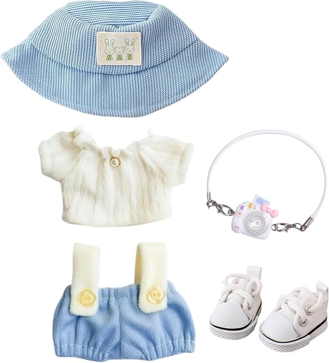 Clothes for Lu bubu 17cm Dolls Accessories(No Doll), Cute Outfit Set 5 Pieces Bib Pants for 17cm Doll Suit, Stylish Dress Up Overalls Doll Clothing Set Replacement with Hat Clothes Shoes Blue