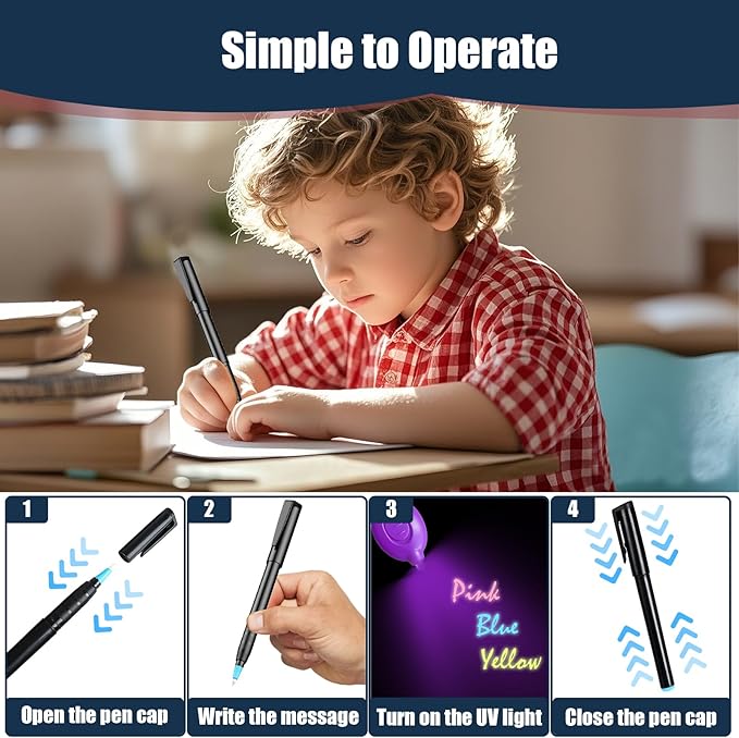 Invisible Ink Pens with UV Light, Magic Spy Pens with Mini UV LED Keychain Flashlights for Secret Messages, Disappearing Ink Pens with Black Light for Kids, Ideal for Parties and Gifts (6PCS)
