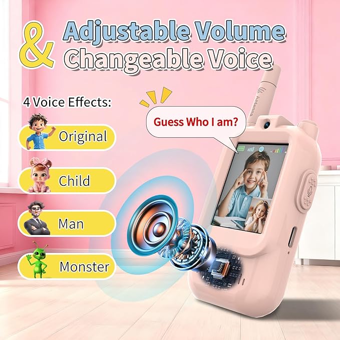 Video Walkie Talkies for Kids, Handheld 2 Pack Rechargeable Kids Video walkie talkies,Long Range Ideal for Family Games, Outside, Camping, Hiking (Pink)