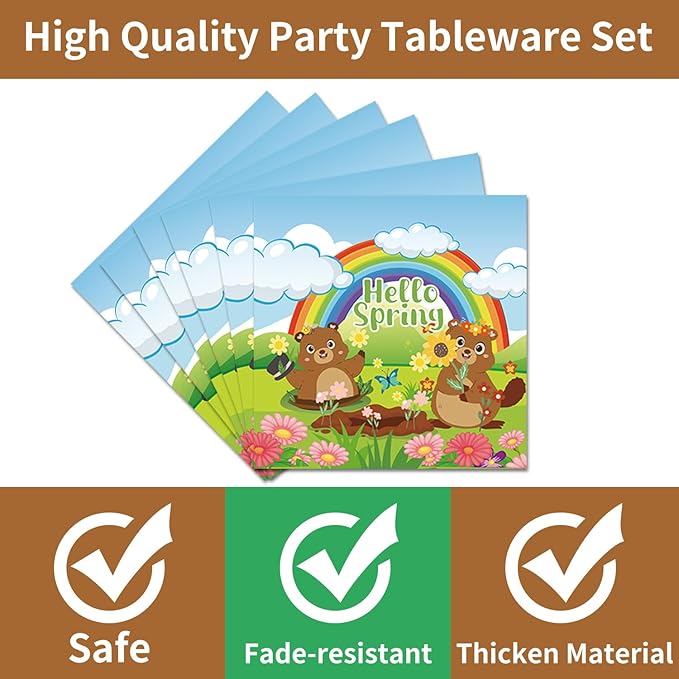 96Pcs Groundhog Day Decorations Tableware Set Happy Groundhog Day Paper Plates Napkins Forks Spring Animals February 2nd Ground hog Holiday Celebration Decor Party Supplies Serve 24 Guests