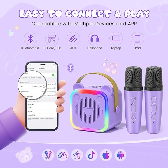 Mini Karaoke Machine for Kids,Portable Bluetooth Speaker with 2 Microphones,Music Player for Singing and Party,Ideas Birthday Toys Gifts for Girls Boys 3,4,5,6,7,8,9,10,11,12+ Years Old (Purple)