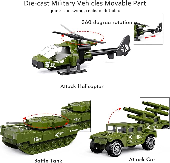 Die-cast Military Army Vehicles, 6 Pack Alloy Metal Toy Models Set - Tank, Helicopter, Panzer, Anti-Aircraft Vehicle, Gifts for Kids Boys Age 6 7 8 9 (1:87 Scale)