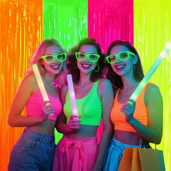 ADLKGG Glow in The Dark Party Supplies, 4Pcs 3.3x6.6 Feet Neon Party Decorations, Fluorescent Green Orange Yellow Fuchsia Foil Fringe Curtains Backdrop for Birthday Halloween Pool Photo Booth Prop