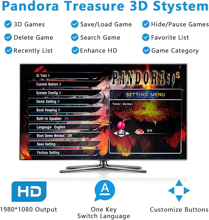 FVBADE[32000 Games in 1 78S Pandora Box Arcade Game Console Bluetooth Function Compatible PC & Projector & TV,3D Games 4 Players Category Favorite List Save/Search/Hide/Pause/Delete.