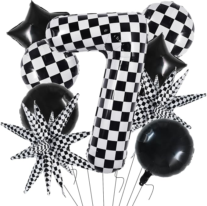 TONIFUL 40 Inch Checkered 7th Birthday Balloons Set Number 7 Race Car Black White Checkered Round Explosion Star Balloons Boys Race Car Themed Birthday Party Decoraction