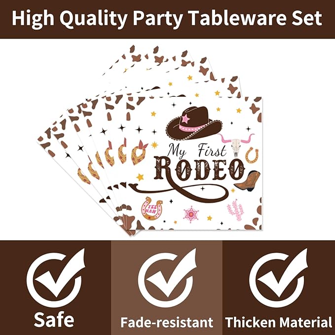 96PCS My First Rodeo Plates and Napkins Party Supplies Cowgirl Birthday Party Decorations Western Cowgirl Rodeo Disposable Tableware Set for 1st Birthday Serve 24 Guests
