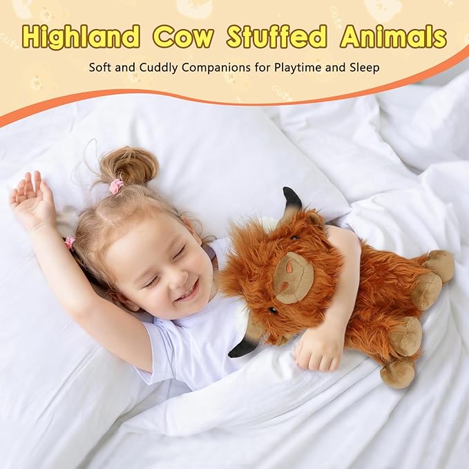OROZCOR Highland Cow Stuffed Animal, Cute Fluffy Cow Plush Figure Toys,Realistic Farm Highland Cattle Plush Decor Gifts for Kids Baby Girls Boys (Brown Highland Cow)