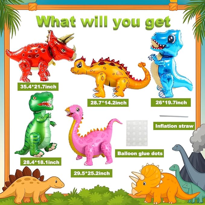 LilyZheng 5-Pack 3D Dinosaur Balloons Self-Standing Foil Balloons Inflatable Dino Party Decorations for Kids Birthday Jurassic Theme Dinosaur Birthday Supplies