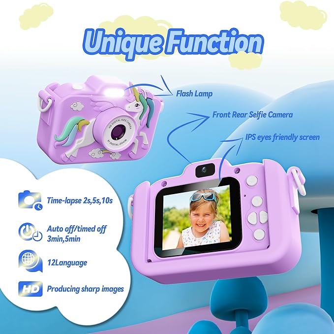Kids Camera Toys for 3-8 Year Old Girls Boys, Children Digital Video Camcorder Camera with Cartoon Soft Cover, Chritmas Birthday Festival Gift for Kids - 32G SD Card and Card Reader (Purple)