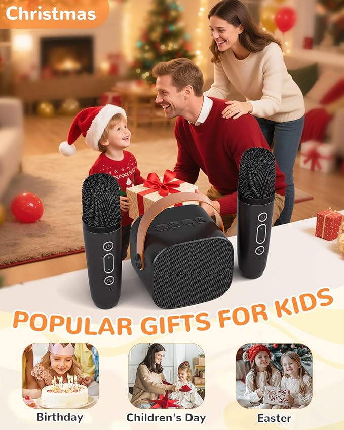 Mini Karaoke Machine for Kids Adults,Portable Bluetooth Karaoke Speaker for Adults Kids with 2 Microphones for 6 7 8 9 10 11 12 Years Old Girls Boys Gifts Toys for Christmas Birthday,Black