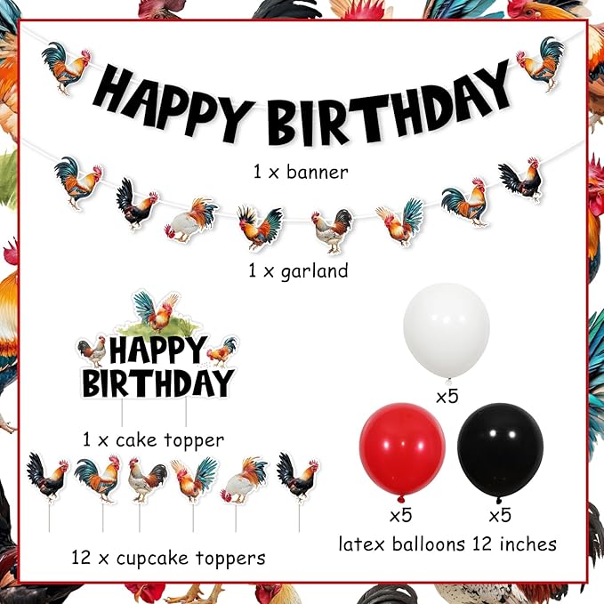 JOYMEMO Rooster Birthday Party Decorations, Rooster Happy Birthday Banner Garland with Cake Topper Cupcake Toppers and Balloons, Chicken Farm Backyard Party Supplies