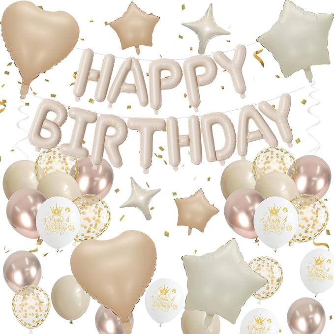 Boho Cream Beige Birthday Decorations for Women Neutral Nude Sand White Champagne Gold Print Balloons Gold Confetti Balloon Happy Birthday Banner Heart Balloons Star Balloon for Bday Party Supplies