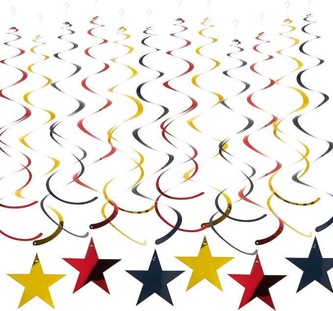 Red Black Gold Star Hanging Swirl Decorations Stars Streamers Foil Swirls for Ceiling Decorations Party Supplies, Pack of 30