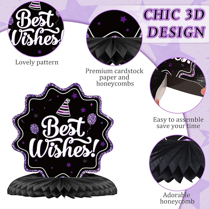 Clabby 12 Pcs Purple Black Birthday Decorations Purple Happy Birthday Table Centerpieces Honeycomb Cute Table Top for Women Men Photo Best Wishes Anniversary Party Supplies 20th 30th 40th 50th 60th